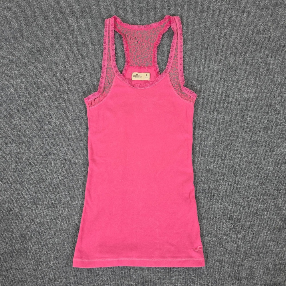 2000s Hollister Women Pink Lace Trim Racerback Tank Small Y2K Scoop Neck Flawed
